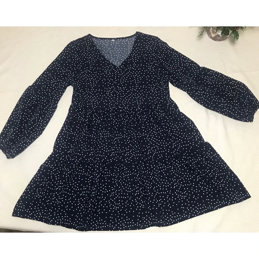 Navy Blue Polka Dot Tiered V Neck Long Sleeve‎ Mini Dress Women's Size M